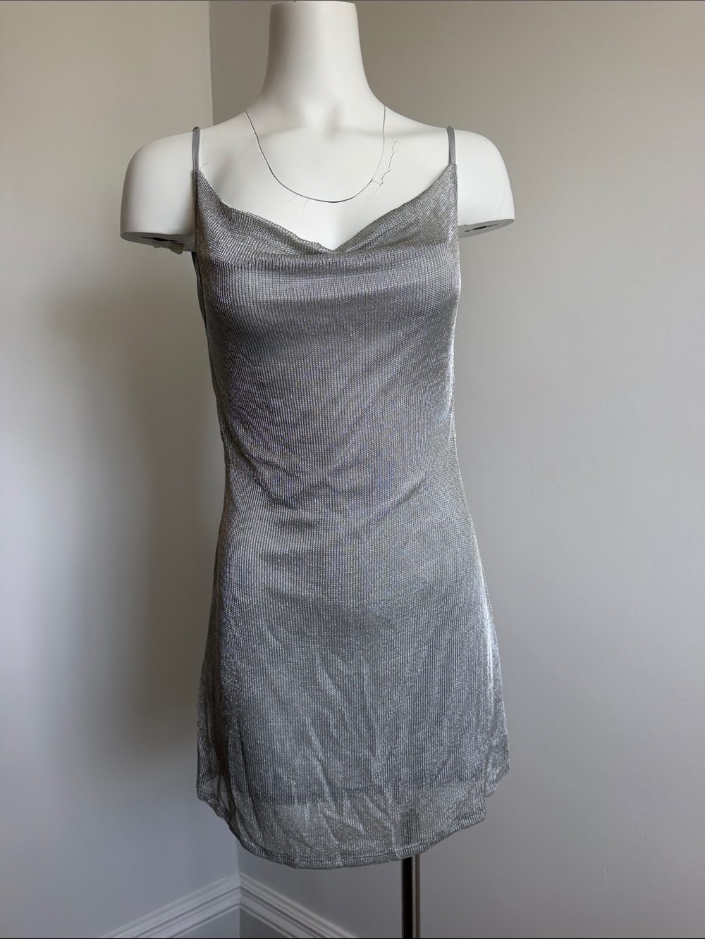 Silver Metallic Cowl Neck Mini Dress